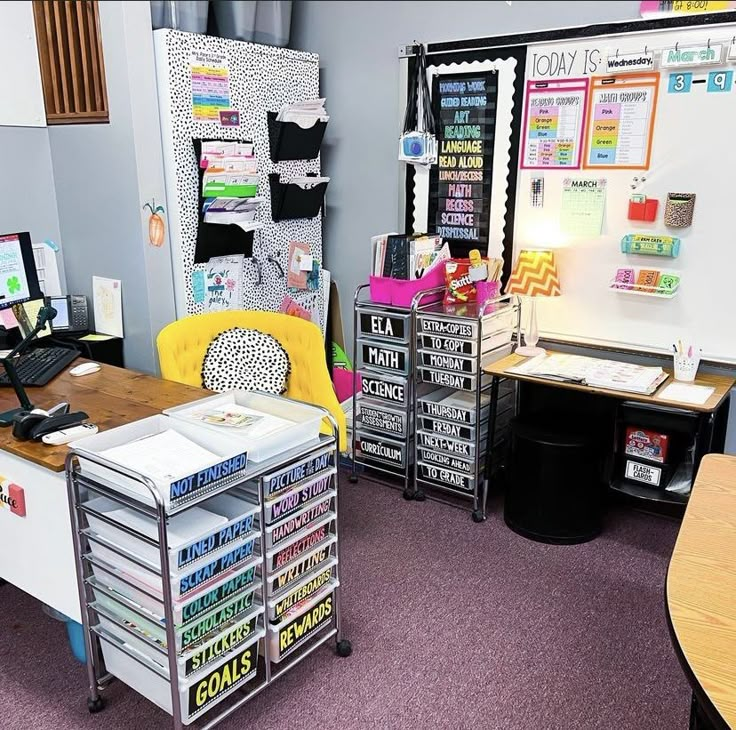 an office with purple carpet and lots of clutter