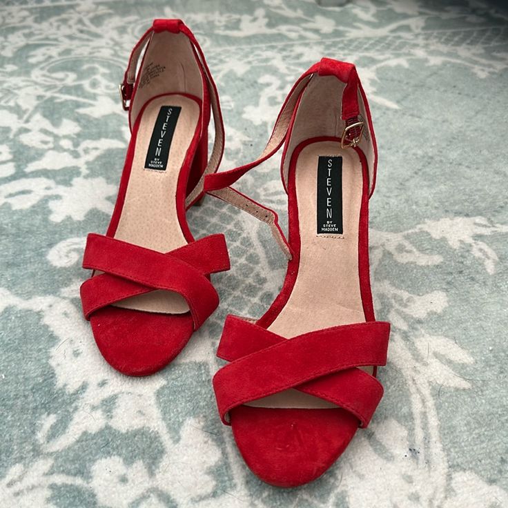 Steve Madden Red Sandal Heels. Never Worn! Great For The Summer! Red Ankle Strap Block Heels With Stacked Heel, Red Open Toe Heels With 4-inch Heel, Red Ankle Strap Sandals With Stacked Heel, Red Block Heel Shoes With Heel Loop, Red Low Heel Block Heels For Summer, Chic Red Low Heel Block Heels, Chic Red Low Heeled Block Heels, Chic Red Low Block Heels, Red Block Heels With Stacked Low Heel