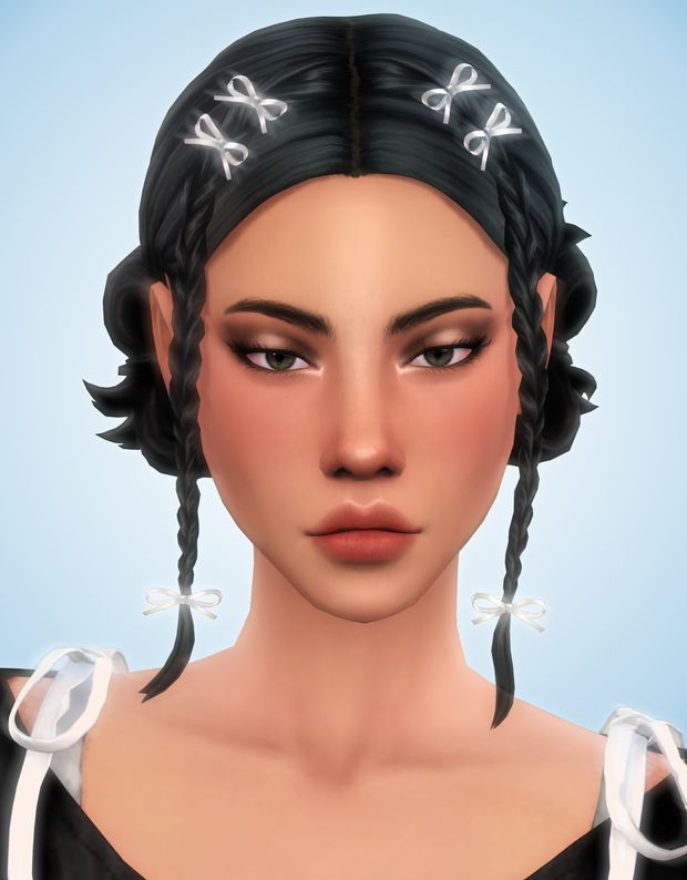 an animated image of a woman with braids and bows on her head, looking at the camera