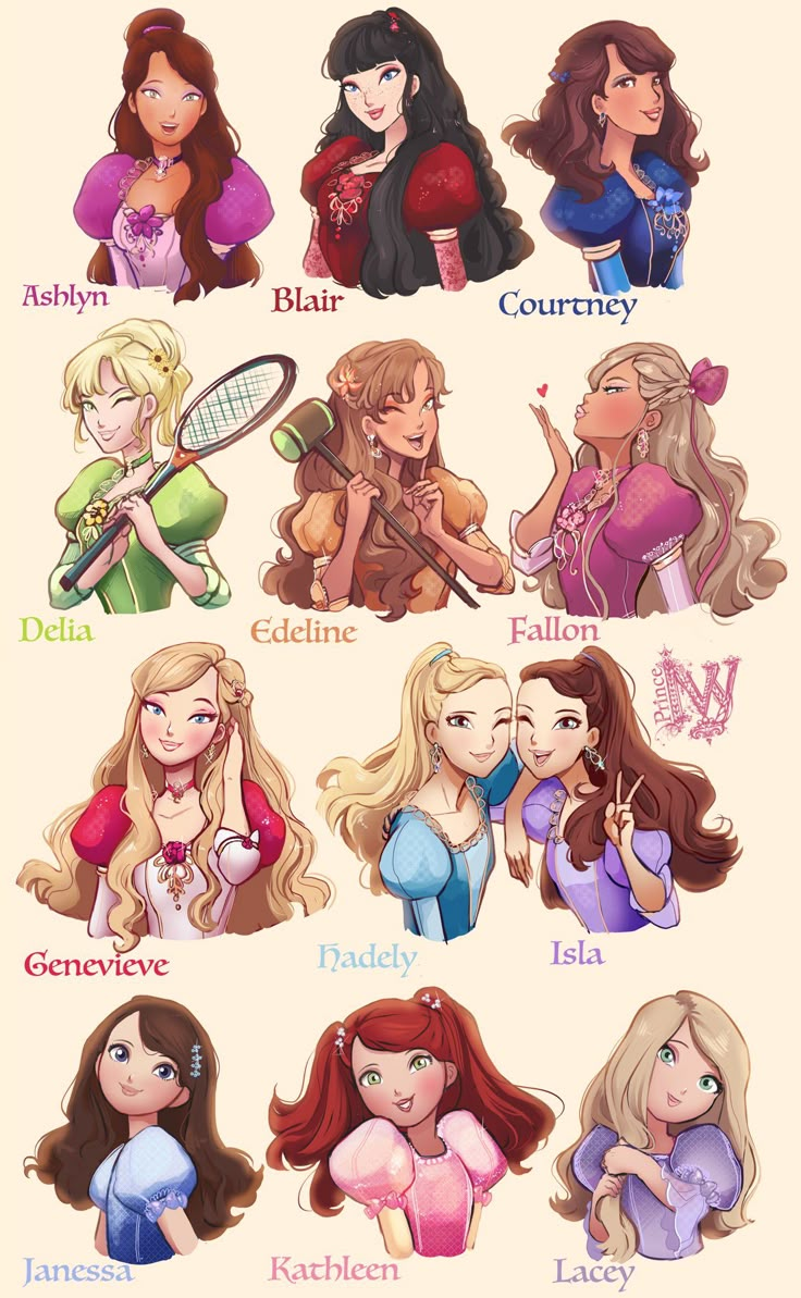 the disney princesses are all lined up in their respective colors and fonts for each character's name