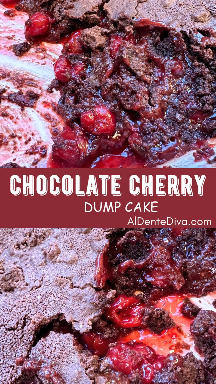 chocolate cherry dump cake with cherries on top and the words, chocolate cherry dump cake