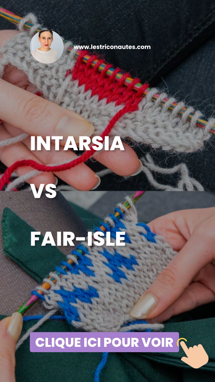 two hands are knitting together with the words intarsia vs fair - isle in front of them