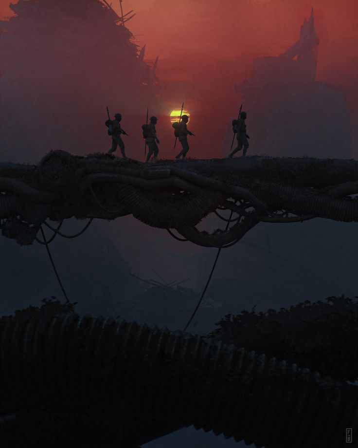 the silhouettes of soldiers are standing on top of a tree branch in front of a foggy sky