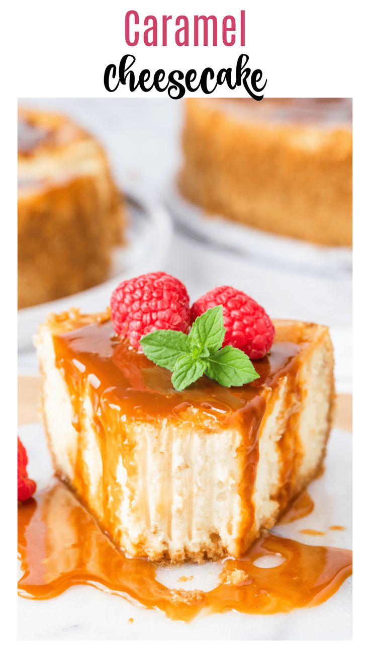 a piece of cheesecake with raspberries on top and caramel sauce drizzled over it