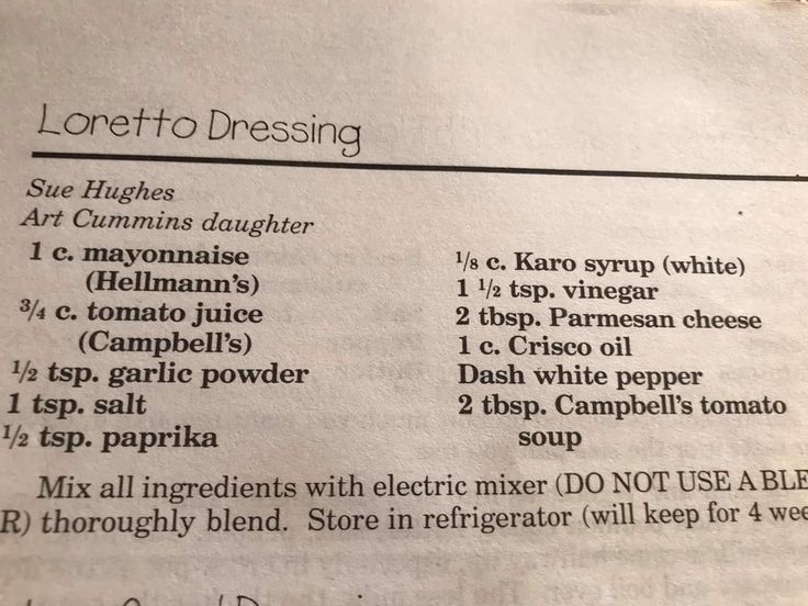 the recipe for loretto dressing is shown in an old book, with instructions on how to use it