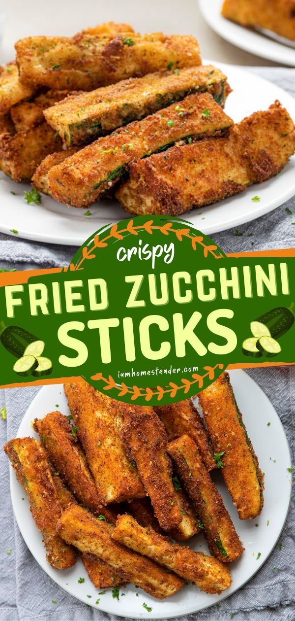 fried zucchini sticks are served on white plates with green lettering that reads crispy fried zucchini sticks