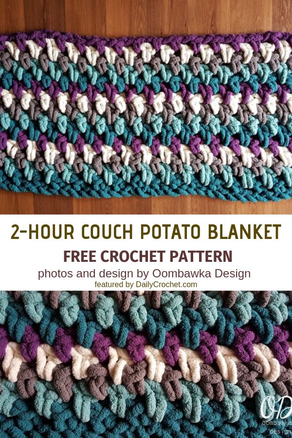 two - hour couch potato blanket crochet pattern with text overlay that says, 2 - hour couch potato blanket free crochet pattern