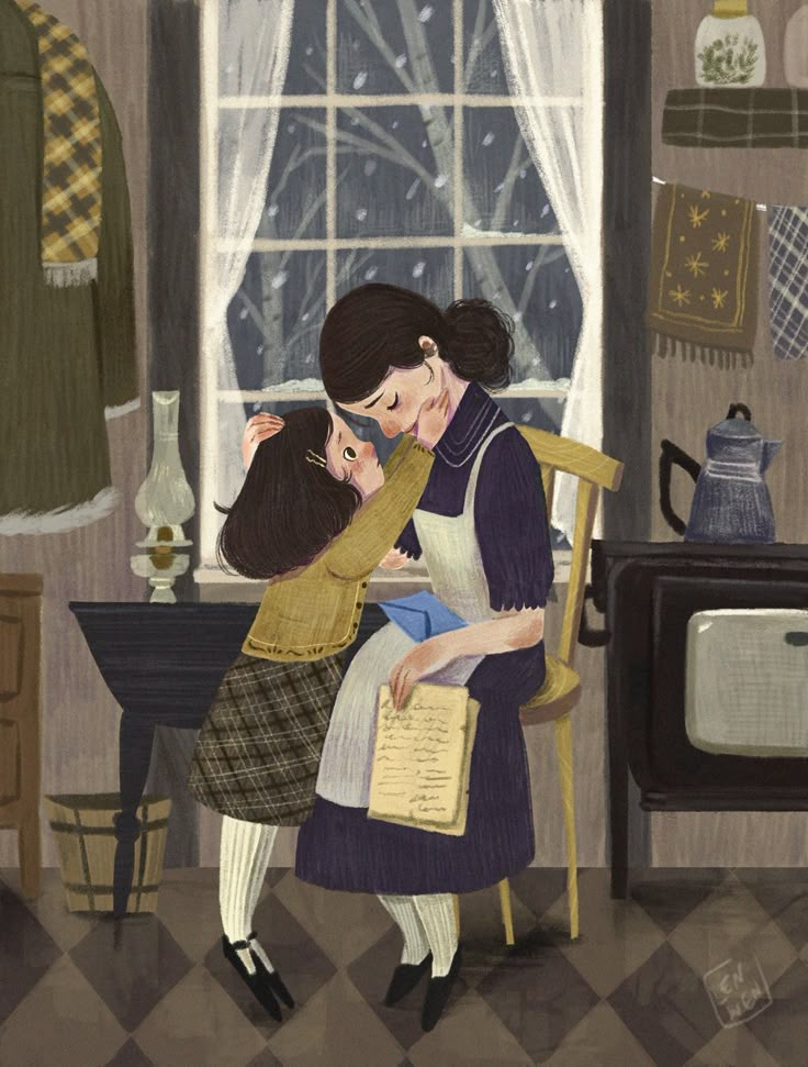 a painting of two women hugging in front of a window and an old fashioned television