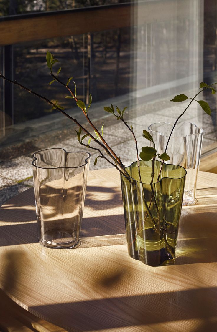 two vases filled with plants on top of a wooden table next to a window