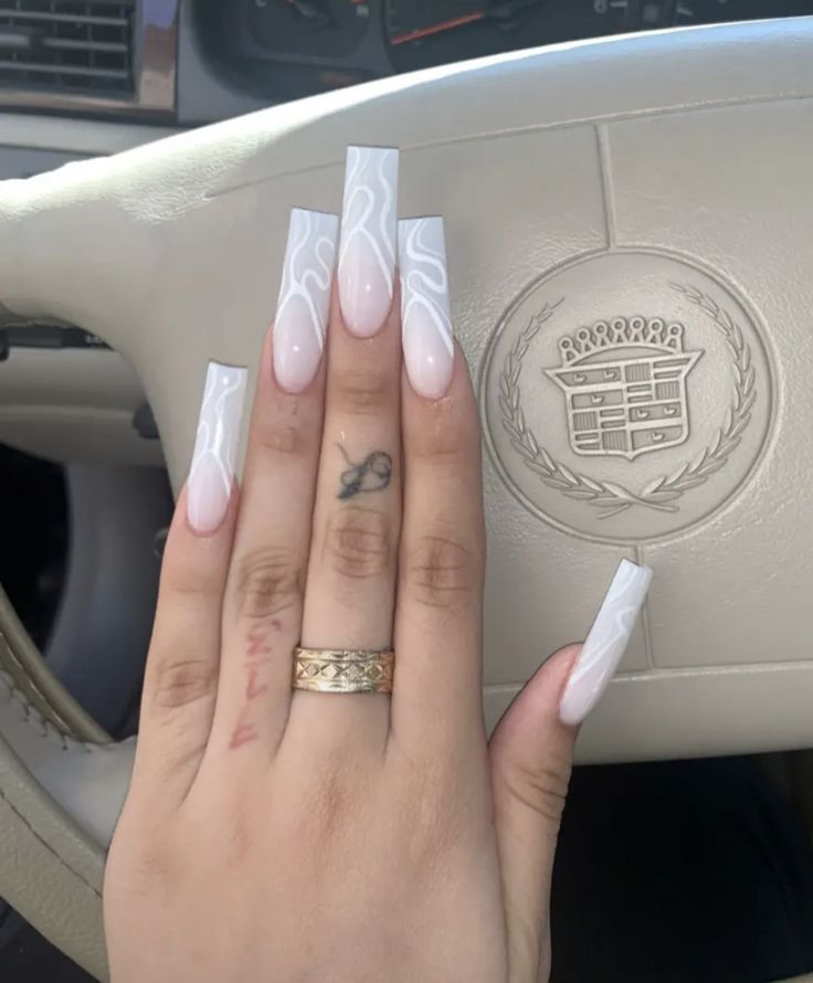 White Nail Simple Design, Off White Square Nails, Nail Inspiration Long Square, Baddie White Acrylic Nails, Long Nude Nails With Design, White Xl Nails, Nut White Nails Acrylic With Design, White Long Square Nails, Simple Long Nails Ideas