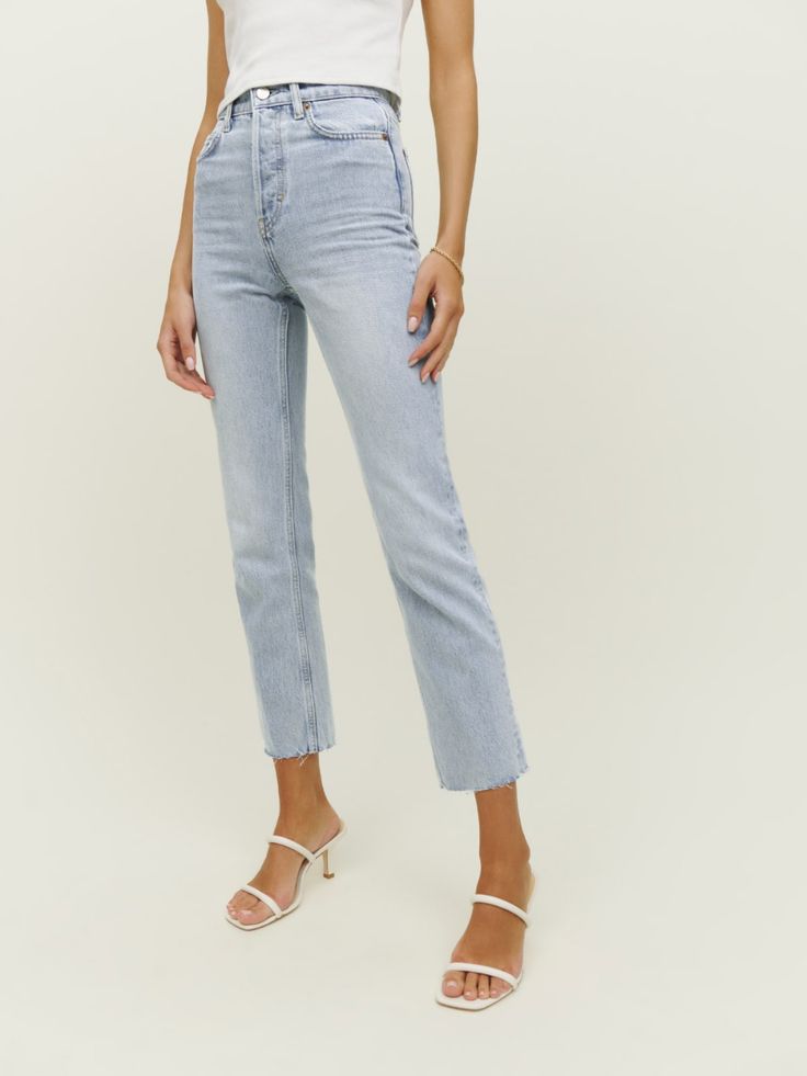 Cynthia High Rise Straight Cropped Jeans - Sustainable Denim | Reformation Mid-rise Cropped Jeans In Denim Blue For Everyday, Light Wash Straight Fit Bottoms With Pockets, High Rise Light Wash Rigid Denim Bottoms, Light Wash Tapered Leg Cropped Jeans With Belt Loops, Light Wash Cropped Jeans With Tapered Leg, Washed Rigid Denim Cropped Jeans, Washed Blue High Rise Relaxed Fit Jeans, High Rise Washed Blue Relaxed Fit Jeans, High Rise Washed Rigid Denim Pants