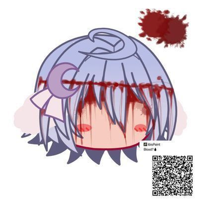 an anime character with purple hair and blood on her face, next to a qr code