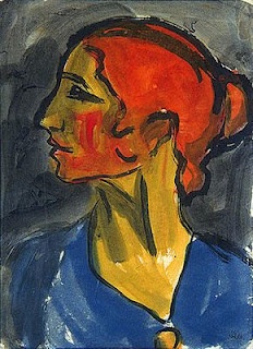 a painting of a woman with red hair and blue shirt in front of a black background