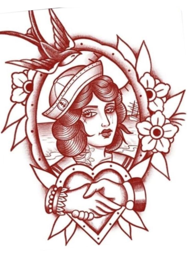 a drawing of a girl holding a heart with flowers on her arm and an arrow in the