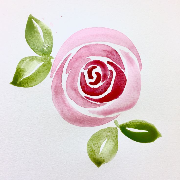 a watercolor painting of a pink rose with green leaves