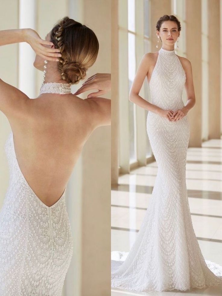 the back of a wedding dress with an open back and beaded details on it