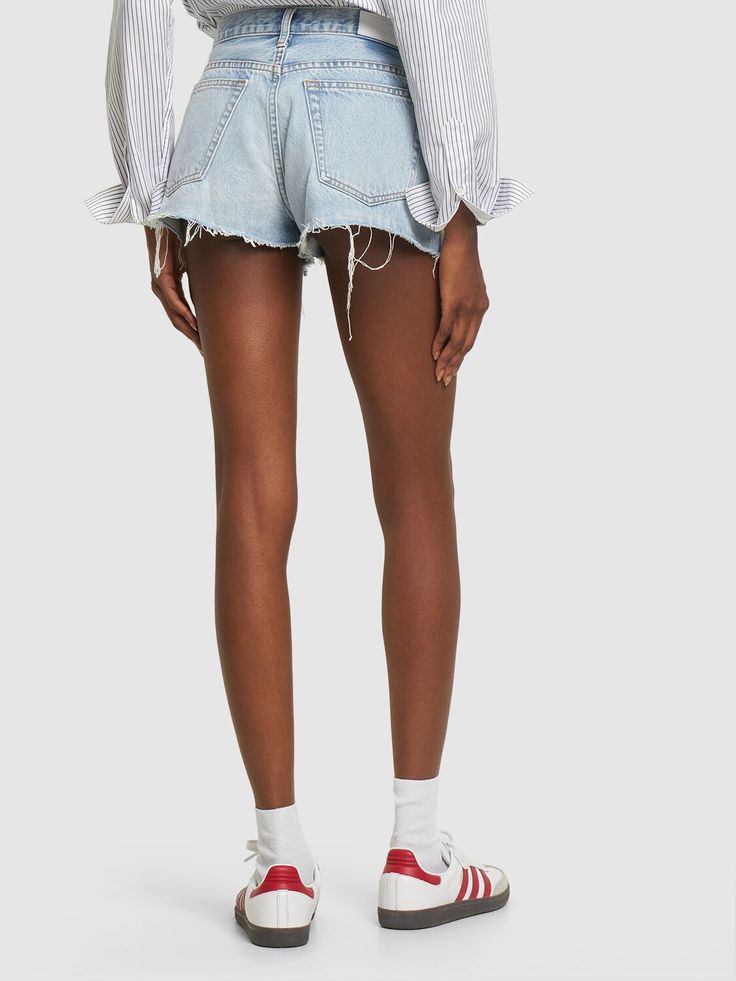 Created in collaboration with Pam. Front button and concealed zip closure. Belt loops. Raw cut hem. Stonewashed coloring may vary. Five pockets. Model is wearing a size24 Mid Rise Denim Shorts, Mid Rise Shorts, High Rise Shorts, High Rise Denim, White Shorts, Mid Rise, Denim Shorts, Light Blue, Luxury Fashion