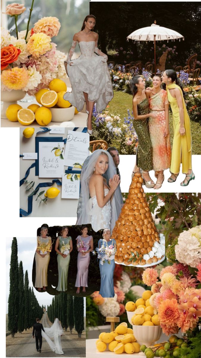 a collage of photos with flowers, lemons and other things in them that are yellow