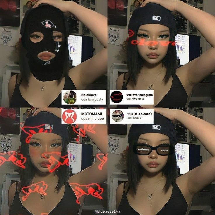 four different images of a woman wearing a black mask with red writing on her face