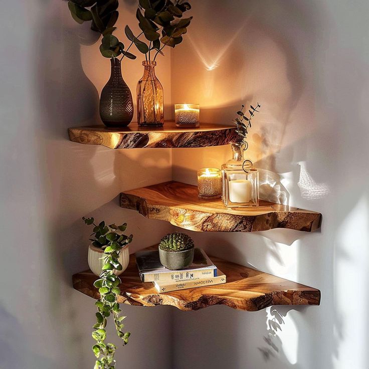 three wooden shelves with plants and candles on them