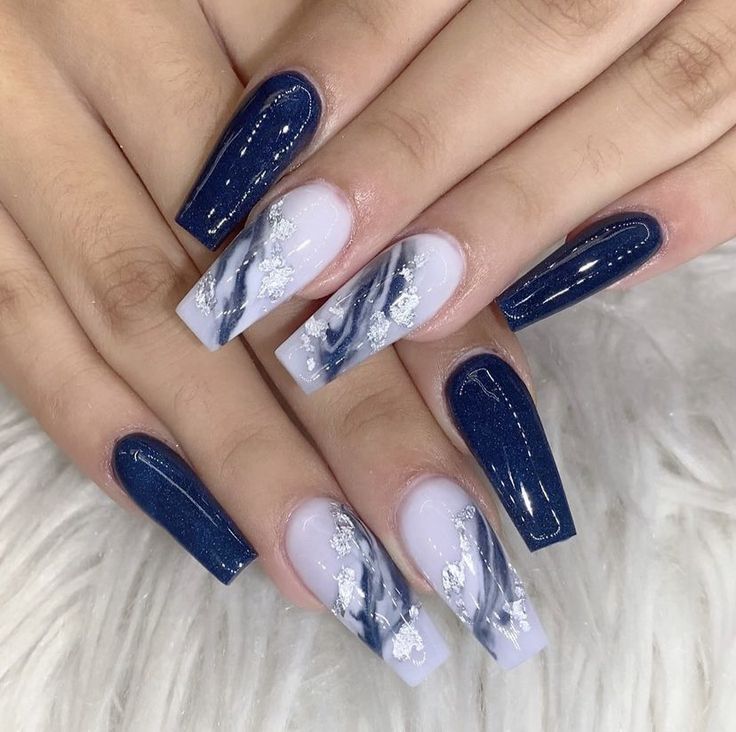 Blue Marble Nails, Marble Nail Designs, Art Deco Nails, Spring Acrylic Nails, Blue Acrylic Nails, Stylish Nails Designs, Nail Art Designs Videos, Bling Acrylic Nails, Summer Acrylic Nails