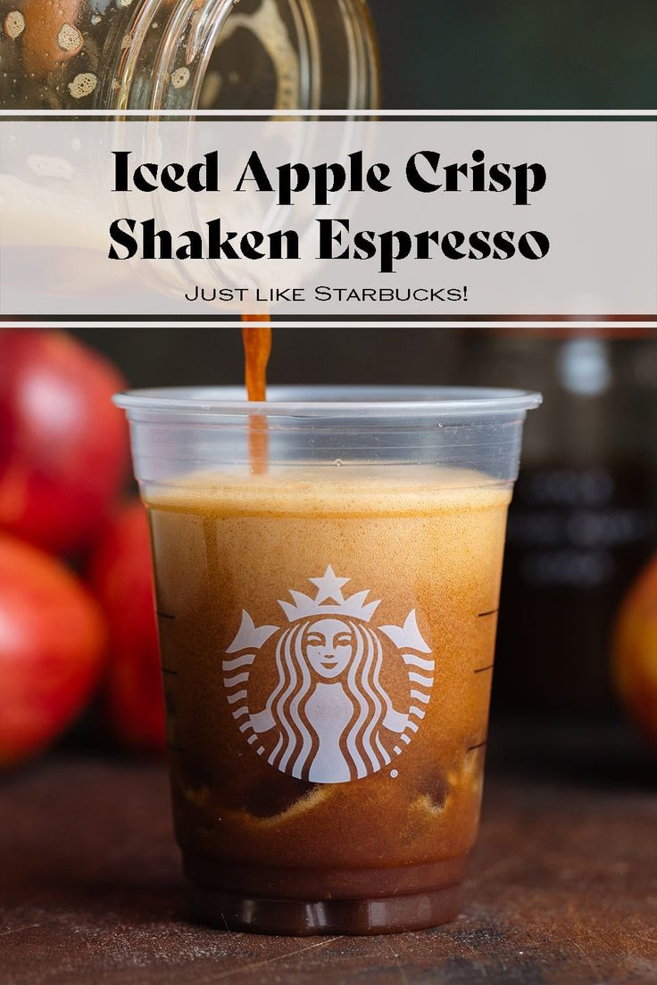 iced apple crispy shaker espresso in a cup with text overlay