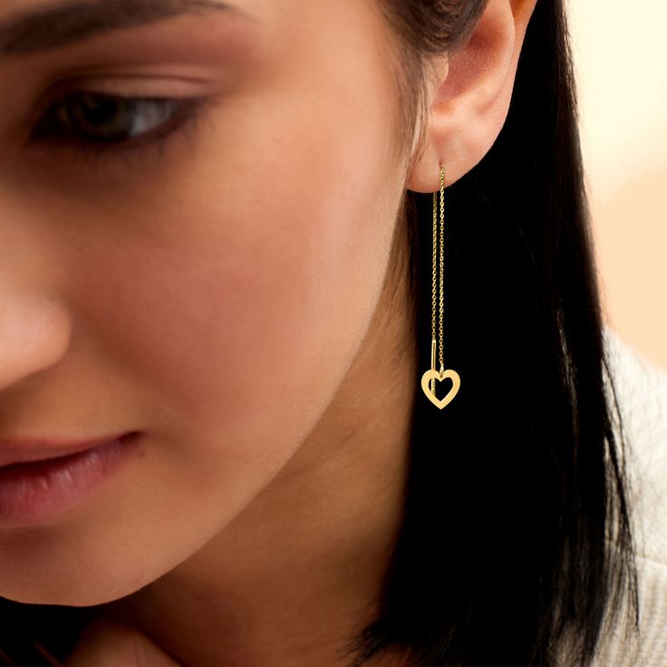 Ross-Simons - 14kt Yellow Gold Heart Threader Earrings. RS Pure. Modern designs that complete your outfit and complement your personality. This elegant pair of threader earrings shines bright in handcrafted 14kt yellow gold with .75mm cable chains. The dainty heart drops bring a lovely vibe to your daily wardrobe! When threaded evenly through the lobe, the hanging length is 1 7/8", but can be adjusted to your preference. 14kt yellow gold heart threader earrings. 14k Yellow Gold Linear Earrings As Gift, 14k Gold Tarnish Resistant Threader Earrings As Gift, Yellow Gold Threader Earrings For Everyday, Yellow Gold Drop Earrings For Mother's Day, Fine Jewelry Linear Pierced Earrings As Gift, Yellow Gold Heart Earrings For Mother's Day Gift, Tarnish Resistant Threader Earrings As Gift, 14k Gold Drop Threader Earrings For Gift, 14k Gold Linear Earrings For Gift