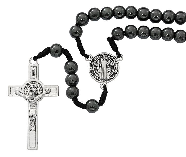 8mm Hematite Beads On Black Cord With Silver Oxidized St. Benedict Center And Crucifix. Boxed. Silver Rosary With Black Beads As Gift, Silver Hematite Jewelry With 8mm Beads, Rose Gold Pendant Necklace, Viking Pendant, St Benedict, Swarovski Stones, Key To My Heart, Hematite Beads, Cat Earrings