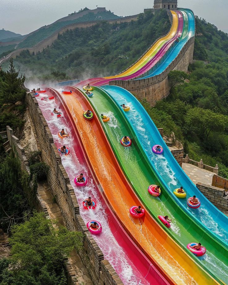 an aerial view of a rainbow water slide