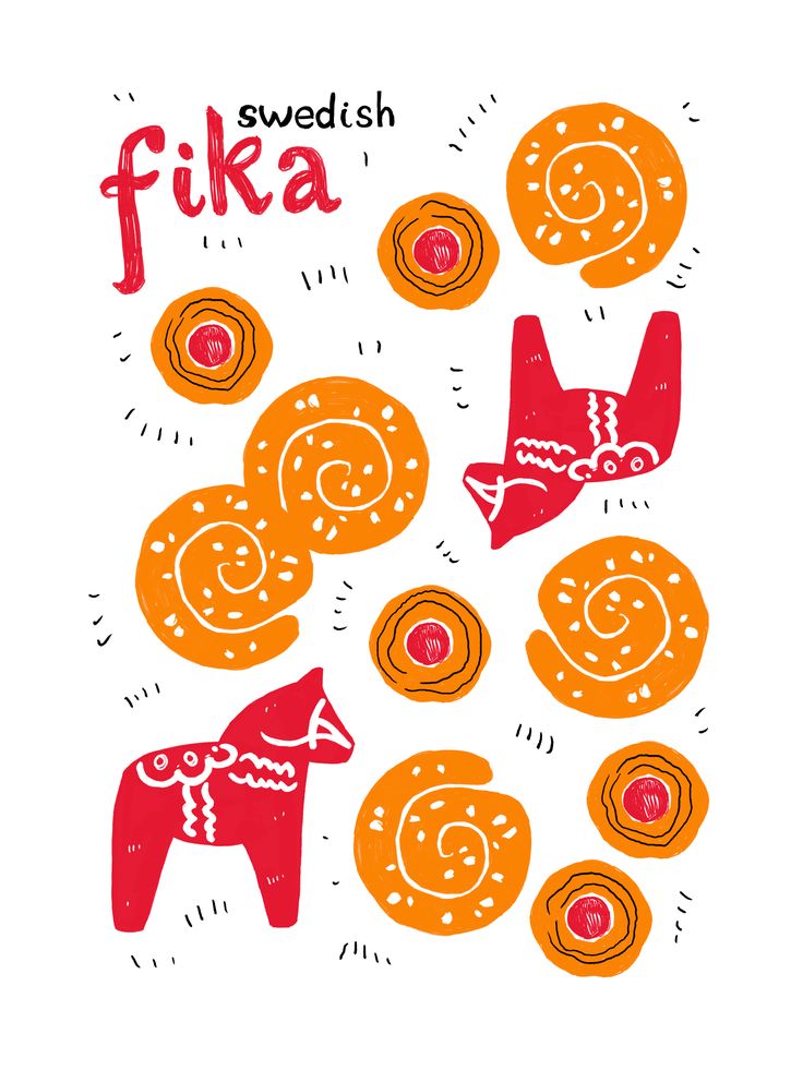 an orange and red illustration with words that say fika