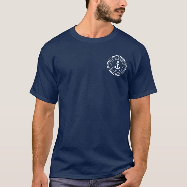 Show off your captain (or first mate) status with this cool custom shirt. Classic nautical design features your boat name and ship's registry curved inside a rope logo badge with an anchor illustration in the center. Design appears at the front pocket area and on the back. Space Patch, University Of San Diego, Calligraphy T, Boat Names, Boat Captain, Skull Clothing, Nautical Anchor, Beach T Shirts, Praise God