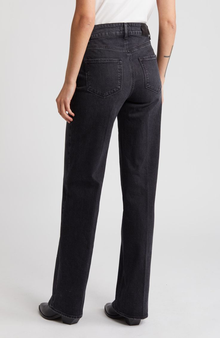 The perfect mix of casual and sophisticated, these superhigh-rise jeans flaunt full-length straight legs that are creased for trouser-inspired style.  32" inseam; 21" leg opening; 11 3/4" front rise; 16" back rise (size 29) Zip fly with button closure Five-pocket style 94% cotton, 5% polyester, 1% elastane Machine wash, line dry Imported Chic High Rise Mom Fit Bottoms, Straight Cropped Jeans For Work In Dark Wash, Straight Dark Wash Cropped Jeans For Workwear, Chic Flare Jeans With Straight Hem For Work, Straight Dark Wash Cropped Jeans For Work, Classic Wide Leg Mom Fit Jeans, High Rise Relaxed Fit Flare Jeans For Work, Modern High Rise Cropped Jeans For Workwear, Chic Cropped Straight Leg Jeans For Work