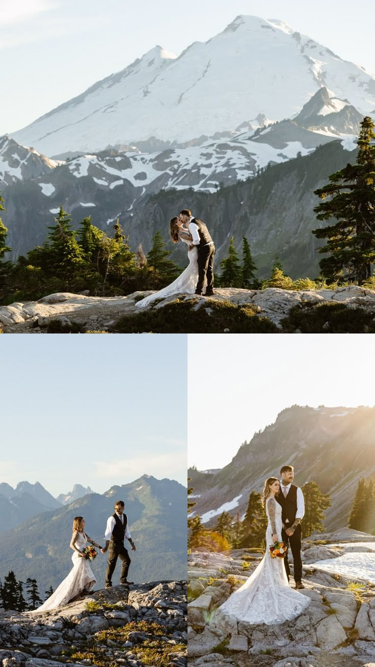 the bride and groom are standing on top of a mountain