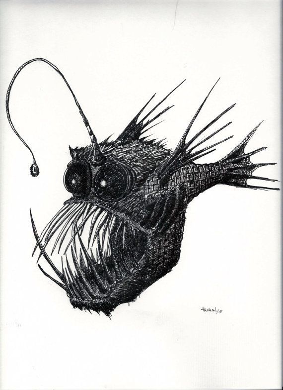 a black and white drawing of a fish's head with long, sharp teeth