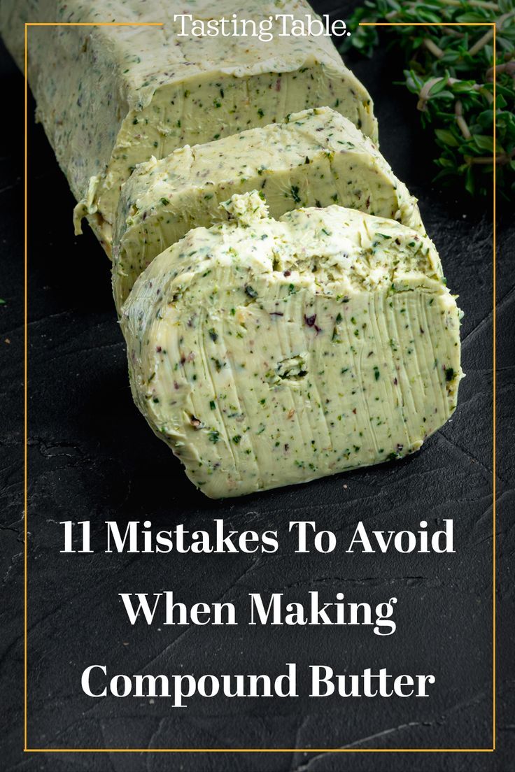 two slices of bread sitting on top of a black surface with text overlay that reads 11 mistakes to avoid when making compound butter