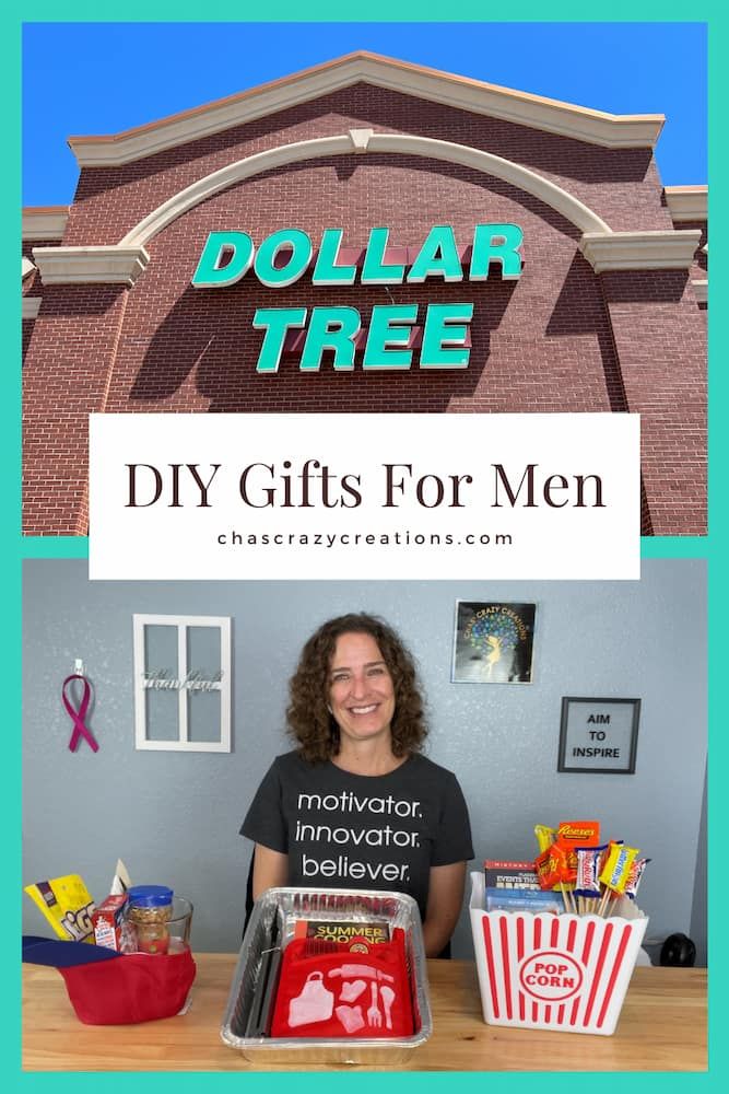 a woman standing in front of a dollar tree store with the words diy gifts for men