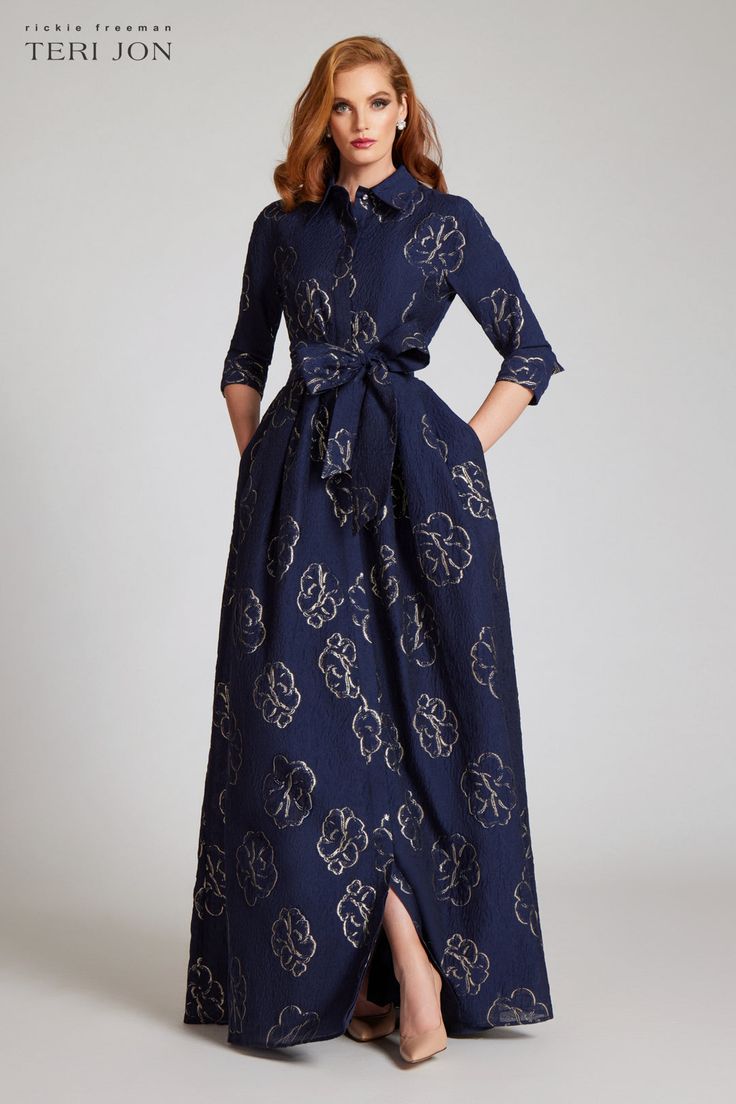 Let this be your go-to evening shirtdress for any formal occasion! The ¾ sleeves provide a sense of timeless charm and comfort, allowing you to wear this dress with ease throughout the party. The structured waist with a belt adds definition, ensuring a flattering silhouette. Featuring a mesmerizing navy and gold flower Gold Flower Pattern, America Dress, Jacquard Shirt, Evening Party Gowns, Guest Attire, Evening Formal, Navy Gold, Evening Gowns Formal, Gold Flower