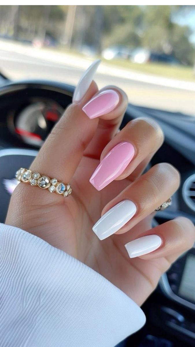 Magenta And White Nails, White Or Light Pink Nails, Summer Acrylic Nails Pink And White, Nails Inspiration White And Pink, Square Nails Pink And White, White And Pink Acrylics, White Nails And Pink, White And Baby Pink Nails, Summer Nails Ballerina Shape