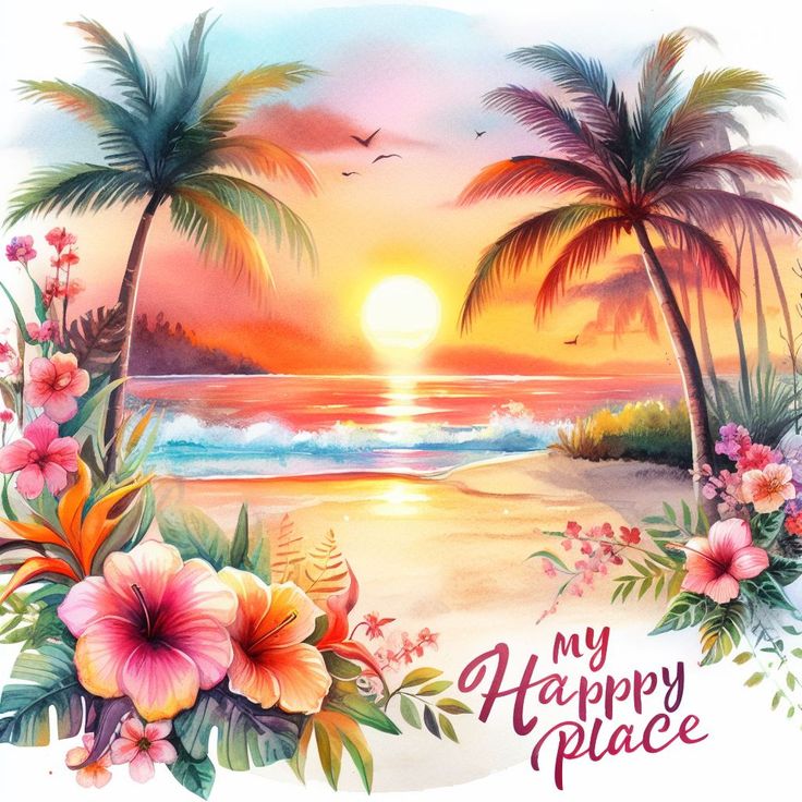 a watercolor painting of palm trees and flowers on the beach with an ocean sunset in the background