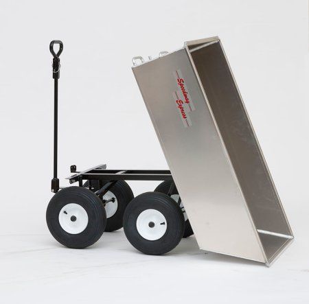 a metal trailer with two wheels and an umbrella on the back side, against a white background