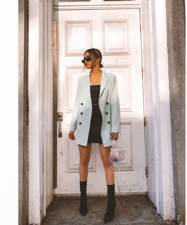 Blazer Over Slip Dress, Blazer And Slip Dress, Short Dress Blazer Outfit, Mini Dress With Oversized Blazer, Blazer Mini Dress Outfit, Dresses And Blazers, Blazer As A Dress Outfit, Black Mini Dress With Blazer, Mini Dress With Blazer