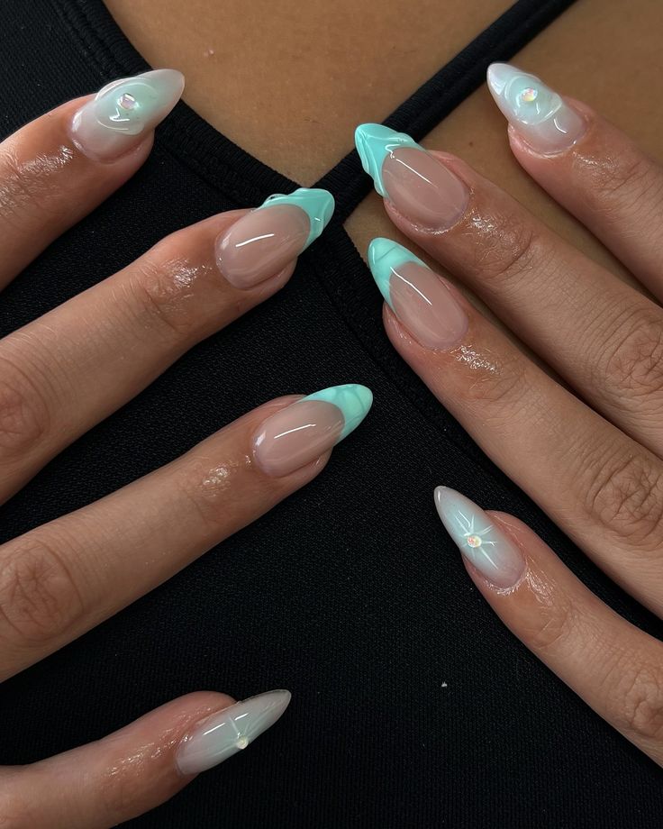 🩵🐬🧚🏽‍♂️🩴🦋 inspo: @ceesclaws @shopagaloreco products used: *bonding base *irish creme base *cyan + aquamarine *bling gel *diamond steel top coat use code ‘ALEXIA10’ at checkout 🤎 #nailsnailsnails #nailart #nailinspo #summernails #bluenails #3dnailart #3dnails #auranails #gelx #gelxnails #gelxinspo #gelxnailtech #cltnails #cltnailtech Mint Almond Nails Design, Mint Blue Nails Design, Tiffany Blue French Tip Nails, Convocation Nails, Tiffany Blue Nails Design, Sea Foam Nails, Cyan Nails, Aqua Blue Nails, Aquamarine Nails