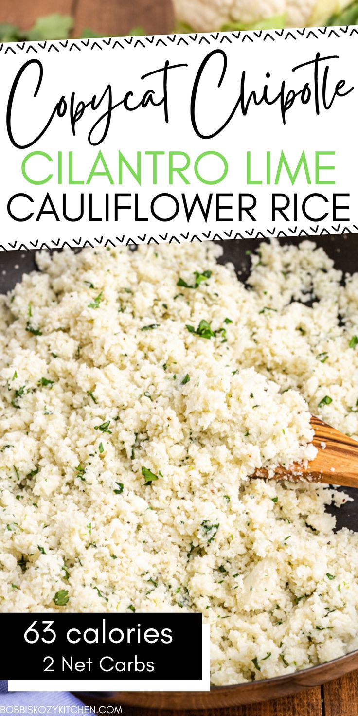 Copycat Chipotle Cilantro Lime Cauliflower Rice in a skillet with a wooden spoon. Keto Lime Recipes, Lime Cilantro Rice, Keto Rice, Califlour Rice, Keto Chipotle, Spicy Cauliflower Rice, Lime Cauliflower Rice, Chipotle Cauliflower Rice, Chipotle Copycat Recipes Bowls Cilantro Lime Rice