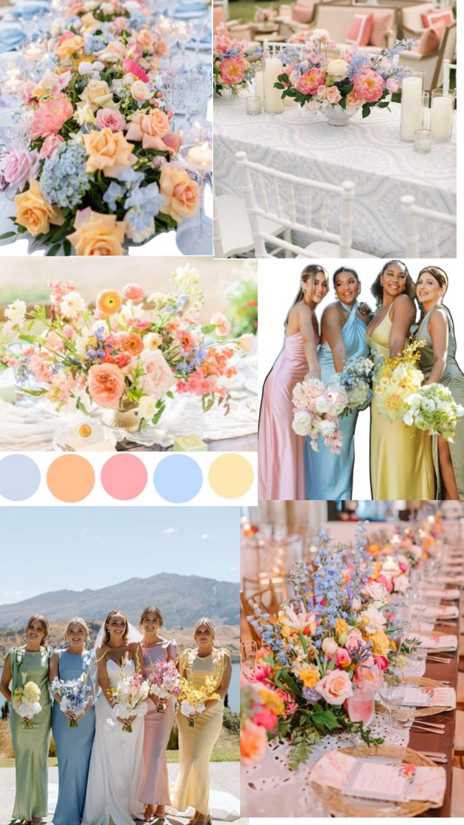 a collage of photos with different colors and flowers on them, including the bridesmaid's bouquets