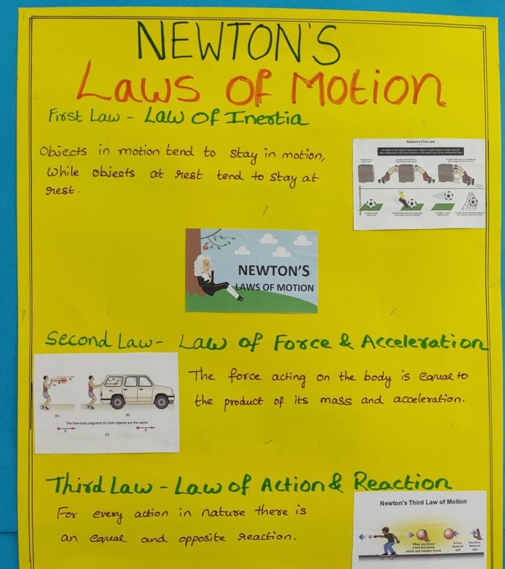 a yellow sign with instructions for newton's laws of motion on it and other information