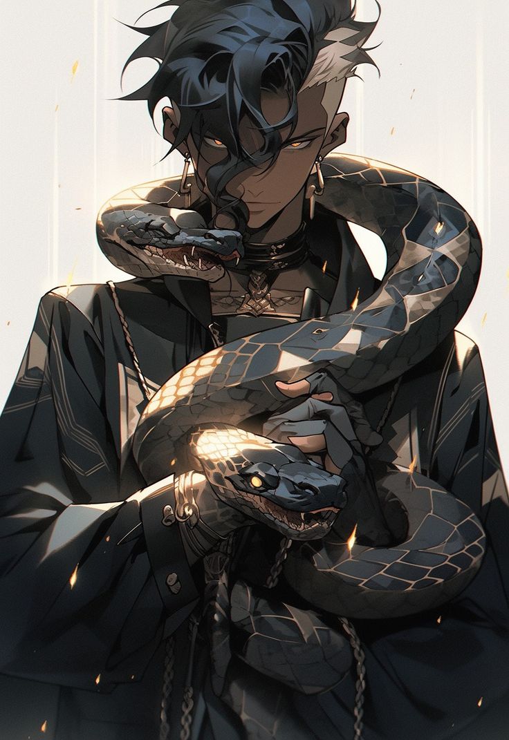 an anime character holding a snake in his hands and looking at the camera with one eye open