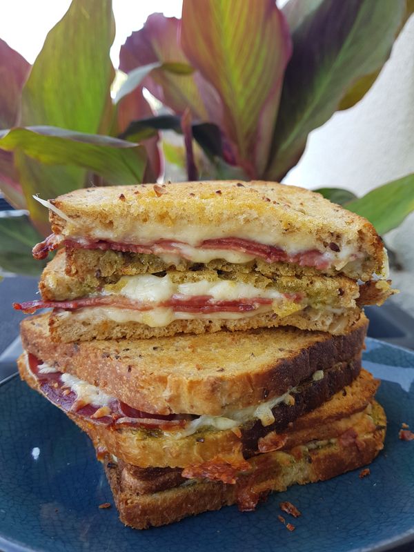 two sandwiches stacked on top of each other on a blue plate next to a potted plant