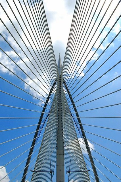 the view from below of a very tall bridge with many lines on it's sides