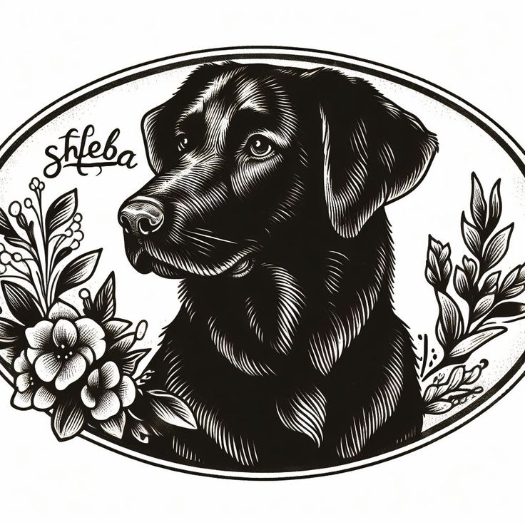 a black and white drawing of a dog with flowers around it's neck, in an oval frame