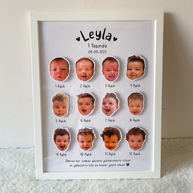 a white framed photo with baby's faces and names on it, in front of a wall